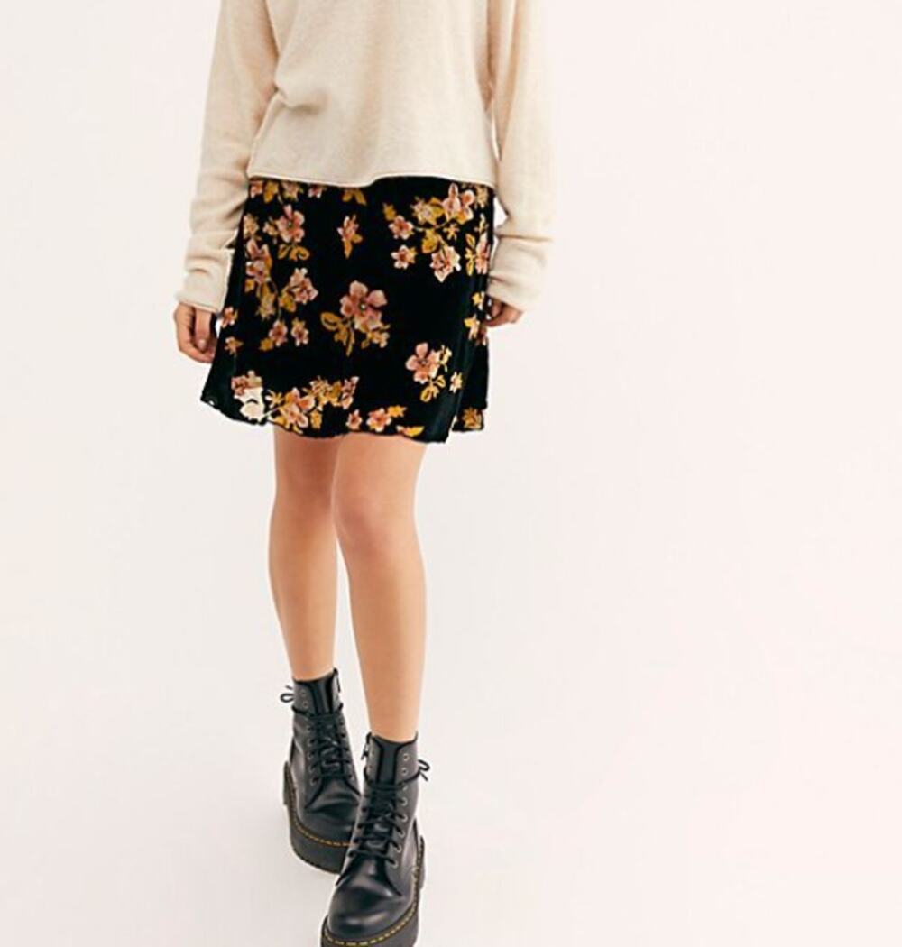 Free People Margaux Velvet Flowy A-Line Mini Skirt Floral Print Black Womens S